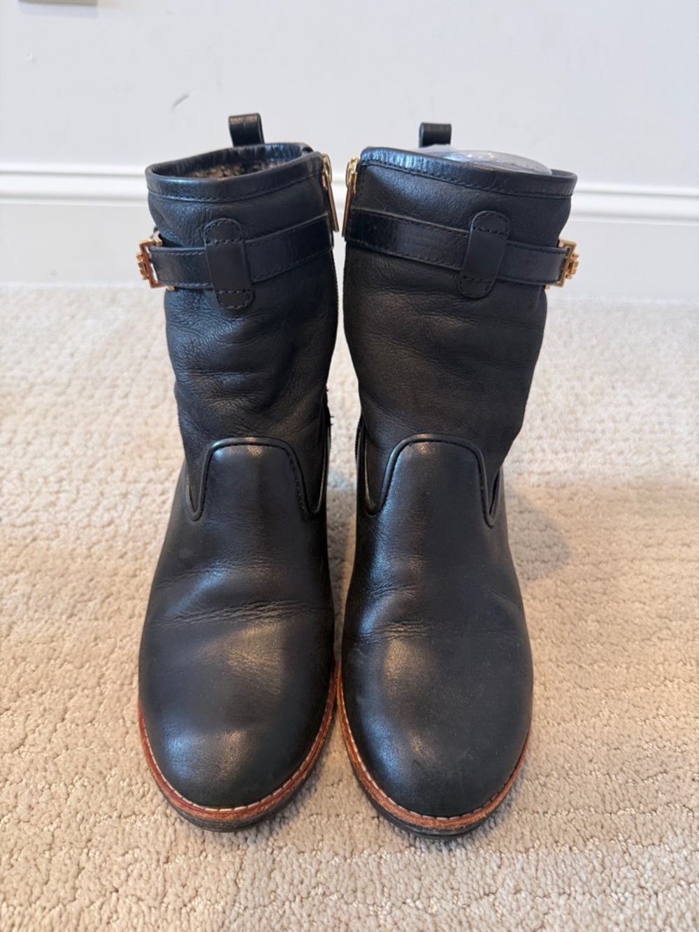 Tory Burch Black Leather Ankle Booties with Gold Buckle
